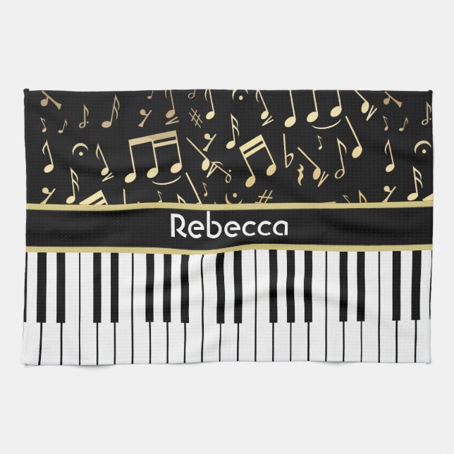 Musical Notes and Piano Keys Black and Gold Tea Towel (Horizontal)