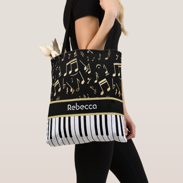 Musical Notes and Piano Keys Black and Gold Tote Bag (Close Up)