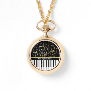 Musical Notes and Piano Keys Black and Gold Watch