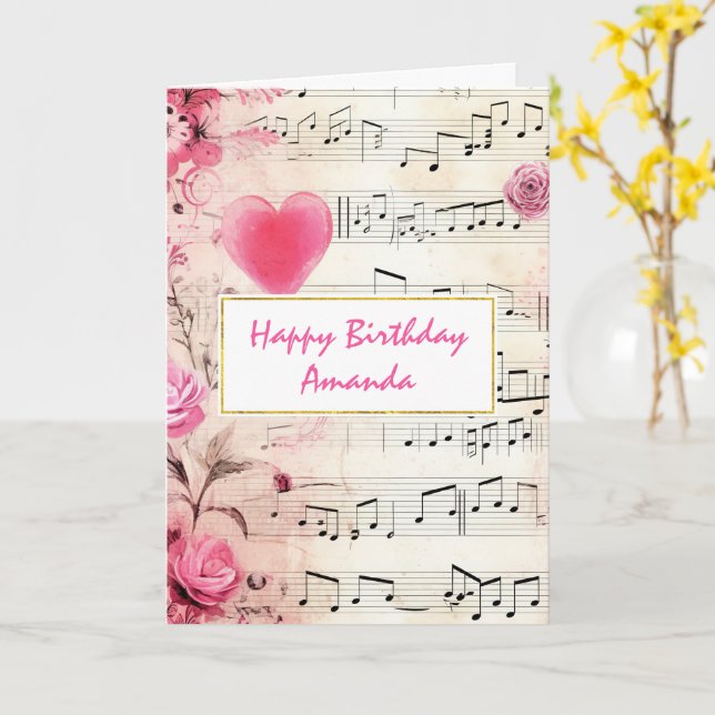 Musical Notes and Roses Vintage Birthday (Yellow Flower)