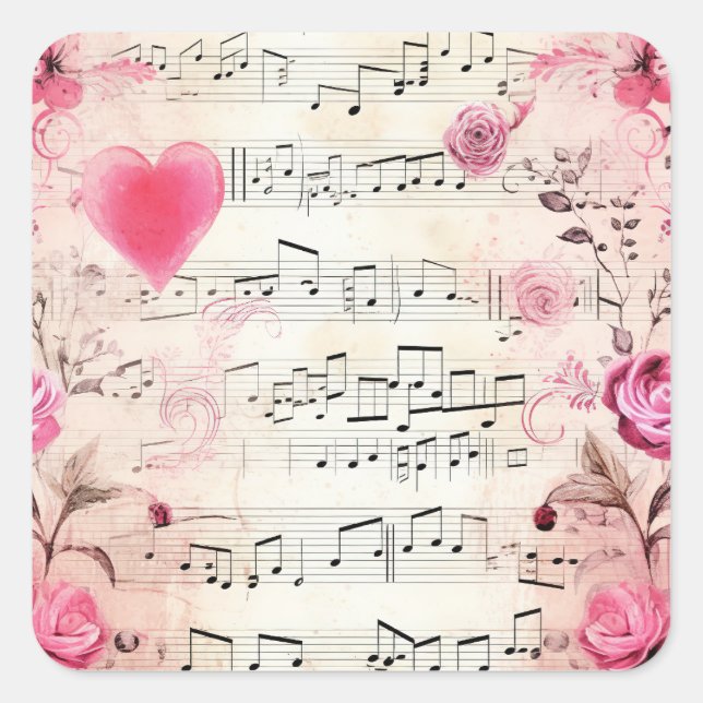Musical Notes and Roses Vintage Design Square Sticker (Front)