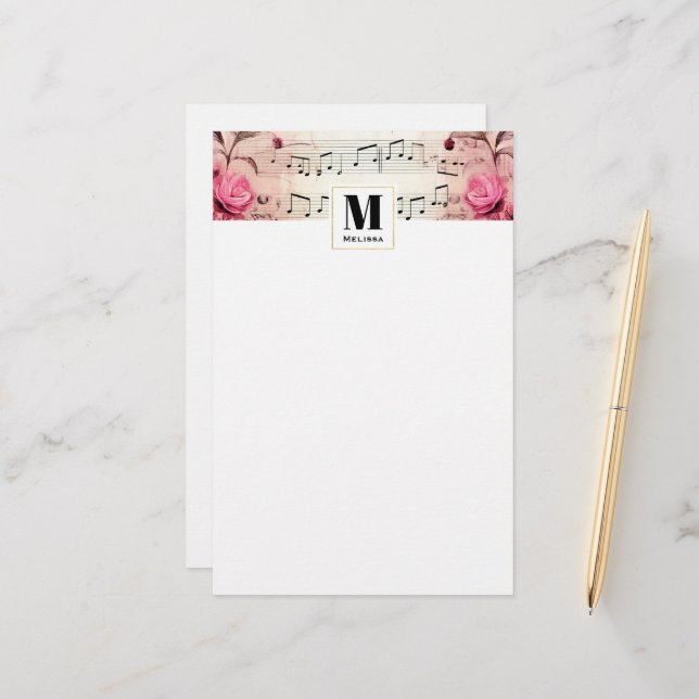 Musical Notes and Roses Vintage Monogram Stationery (Front/Back In Situ)
