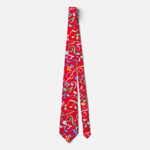 Musical Notes and symbols Pattern pastel. Red BG Tie