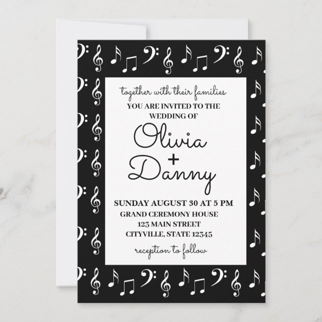 Musical Notes Black and White Wedding  Invitation (Front)