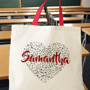 Musical Notes Heart w/ Red Script Name Sheet Music Tote Bag