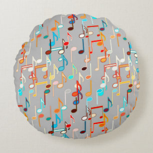 Musical Notes print - Medium Grey, Multi Round Cushion