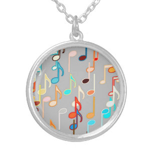 Musical Notes print - Medium Grey, Multi Silver Plated Necklace