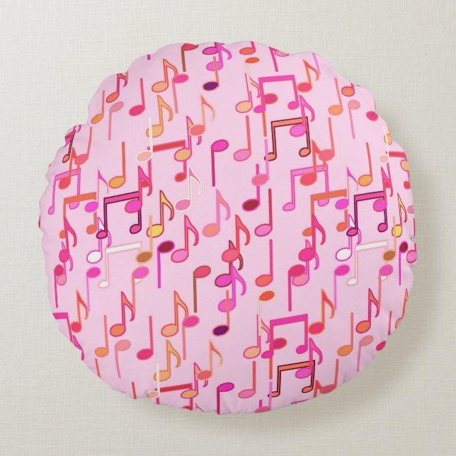 Musical Notes print - pink, multi Round Cushion (Front)