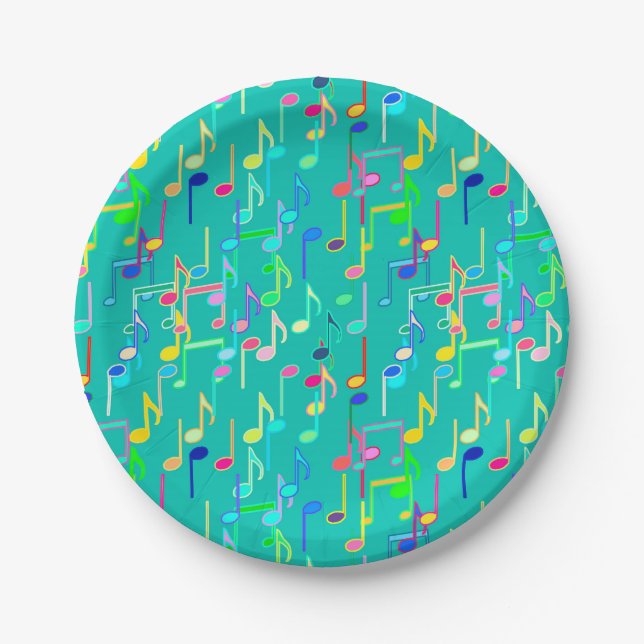 Musical Notes print - turquoise, multi Paper Plate (Front)