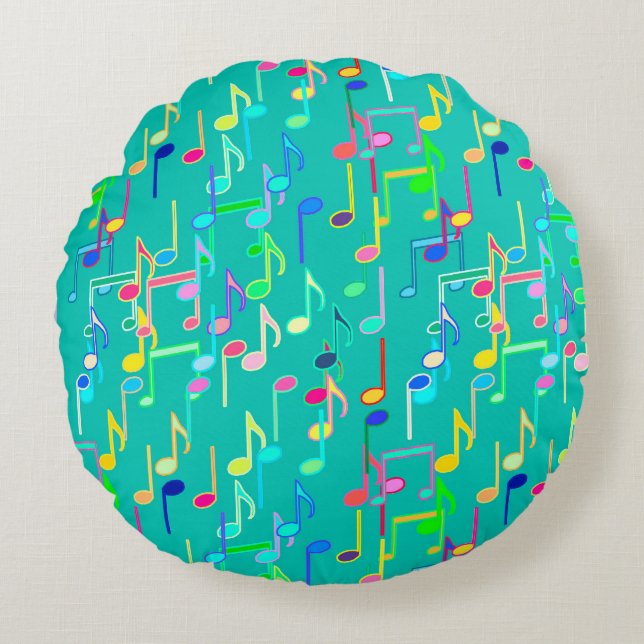 Musical Notes print - turquoise, multi Round Cushion (Front)