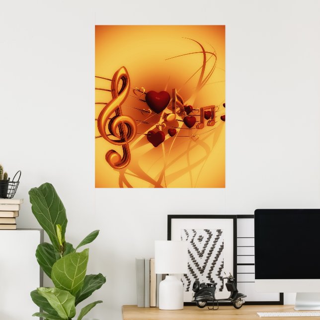 Musical Notes Treble Clef Hearts Gold & Red Poster (Home Office)