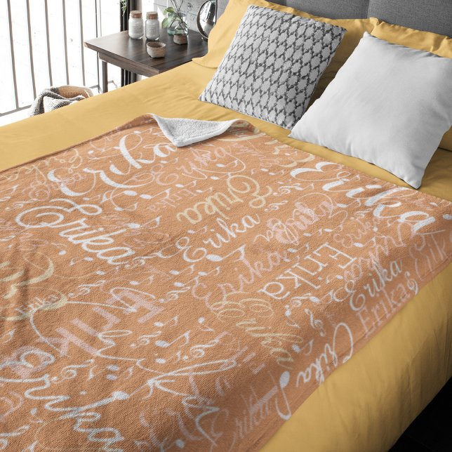 Musical Notes with Name on Apricot Trendy Fleece Blanket (Creator Uploaded)