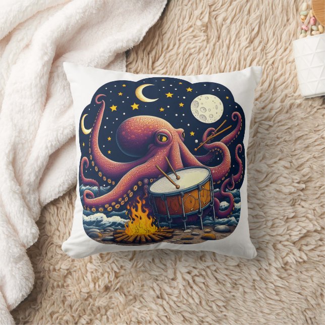 Musical Octopus Drumming by the Campfire at Night Cushion (Blanket)