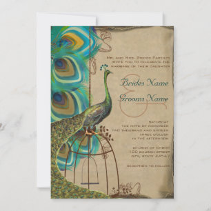 Musical Peacock Bird Cage Feather Wedding Invitation