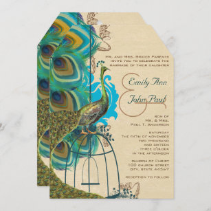 Musical Peacock Bird Cage Feather Wedidng Invites