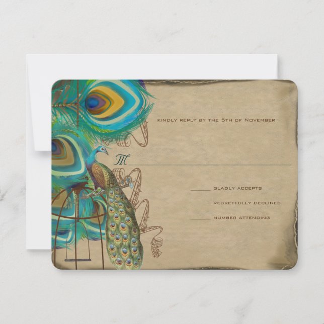 Musical Peacock Bird Cage Feather Wedidng RSVP Card (Front)