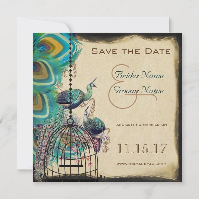 Musical Peacock Bird Cage Love Birds Save the Date (Front)