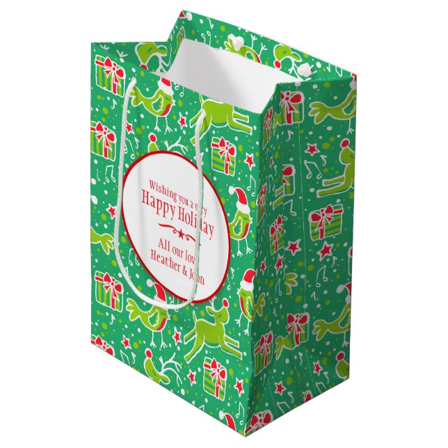 Musical personalised Christmas green gift bags (Front Angled)