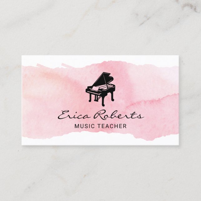 Musical Piano Logo Blush Pink Watercolor Music Business Card (Front)