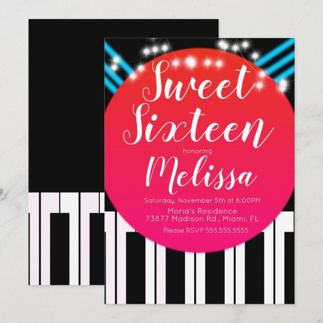Musical Piano Red Carpet Style Night Sweet Sixteen Invitation (Front/Back)