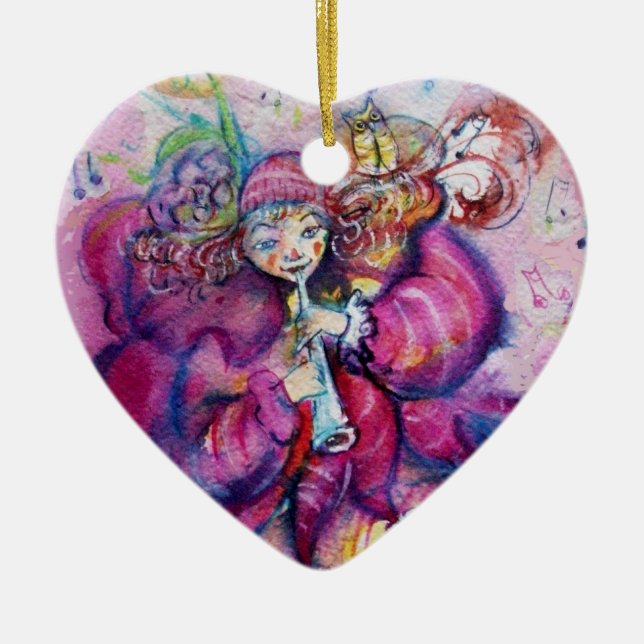 MUSICAL PINK CLOWN Heart Ceramic Tree Decoration (Front)