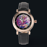 MUSICAL PINK CLOWN WATCH<br><div class="desc">Colourful, whimsical, funny pink clown playing bugle with an expressive owl and joyful musical notes, flowers, leaves in vibrant red, fuchsia, violet, purple, blue, white colours, watercolor painting by Bulgan Lumini (c)</div>