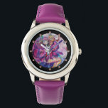 MUSICAL PINK CLOWN WATCH<br><div class="desc">Colourful,  whimsical, funny pink clown playing bugle with an expressive owl and joyful musical notes, flowers, leaves in vibrant red, fuchsia, violet, purple, blue, white colours,  watercolor painting by Bulgan Lumini (c)</div>