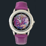 MUSICAL PINK CLOWN WATCH<br><div class="desc">Colourful, whimsical, funny pink clown playing bugle with an expressive owl and joyful musical notes, flowers, leaves in vibrant red, fuchsia, violet, purple, blue, white colours, watercolor painting by Bulgan Lumini (c)</div>