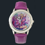 MUSICAL PINK CLOWN WATCH<br><div class="desc">Colourful,  whimsical, funny pink clown playing bugle with an expressive owl and joyful musical notes, flowers, leaves in vibrant red, fuchsia, violet, purple, blue, white colours,  watercolor painting by Bulgan Lumini (c)</div>