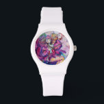 MUSICAL PINK CLOWN WATCH<br><div class="desc">Colourful,  whimsical, funny pink clown playing bugle with an expressive owl and joyful musical notes, flowers, leaves in vibrant red, fuchsia, violet, purple, blue, white colours,  watercolor painting by Bulgan Lumini (c)</div>