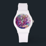 MUSICAL PINK CLOWN WATCH<br><div class="desc">Colourful, whimsical, funny pink clown playing bugle with an expressive owl and joyful musical notes, flowers, leaves in vibrant red, fuchsia, violet, purple, blue, white colours, watercolor painting by Bulgan Lumini (c)</div>