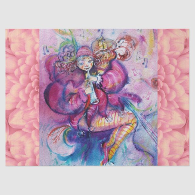 MUSICAL PINK CLOWN WITH OWL Floral Tissue Paper (Front)