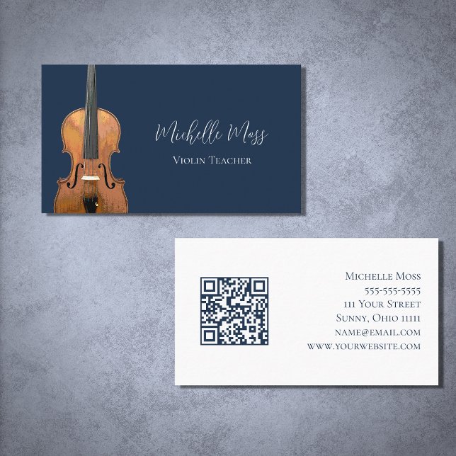 Musical QR code Violin Teacher Navy Blue Business Card (Creator Uploaded)