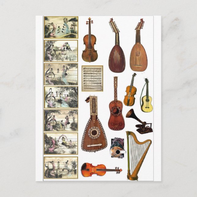 Musical scenes and instruments postcard (Front)
