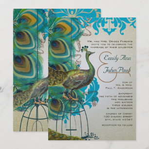 Musical Silver Peacock Bird Cage Feather Invites