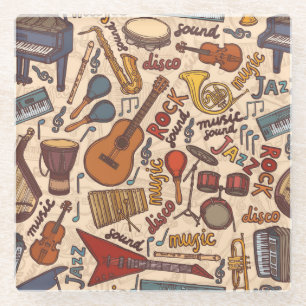 Musical Sketch: Colourful Vintage Seamless. Glass Coaster