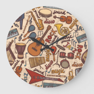Musical Sketch: Colourful Vintage Seamless. Large Clock