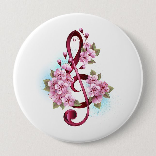 Musical treble clef notes with Sakura flowers 10 Cm Round Badge (Front)