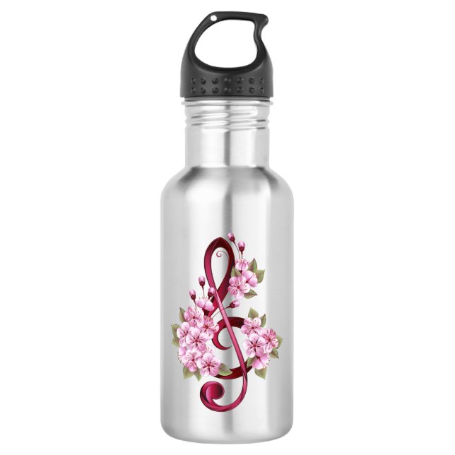 Musical treble clef notes with Sakura flowers 532 Ml Water Bottle (Front)