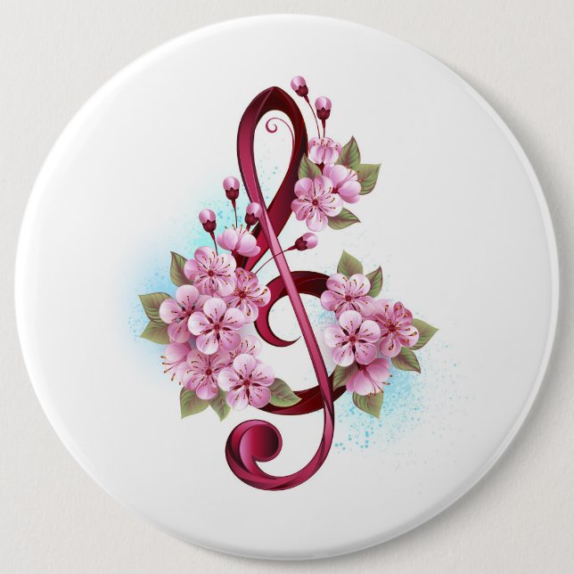 Musical treble clef notes with Sakura flowers 6 Cm Round Badge (Front)