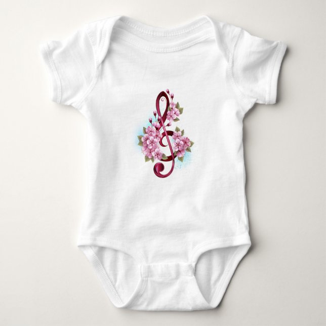 Musical treble clef notes with Sakura flowers Baby Bodysuit (Front)