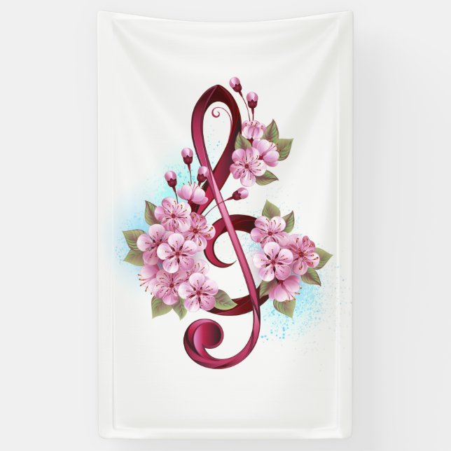 Musical treble clef notes with Sakura flowers Banner (Vertical)