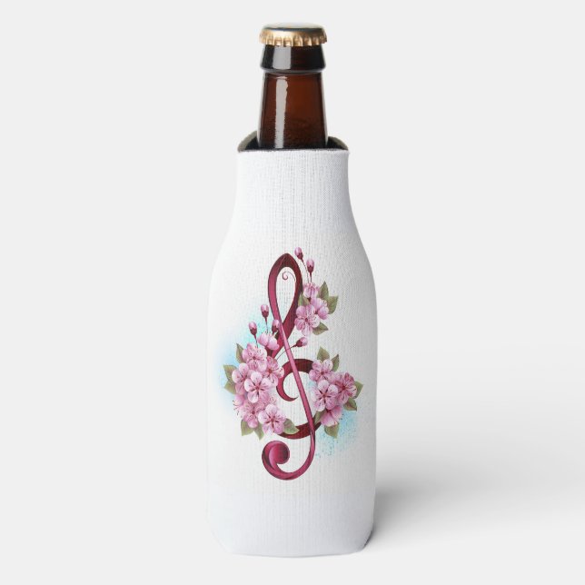 Musical treble clef notes with Sakura flowers Bottle Cooler (Bottle Front)
