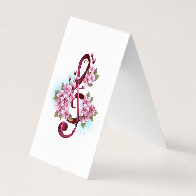 Musical treble clef notes with Sakura flowers Business Card (Back)