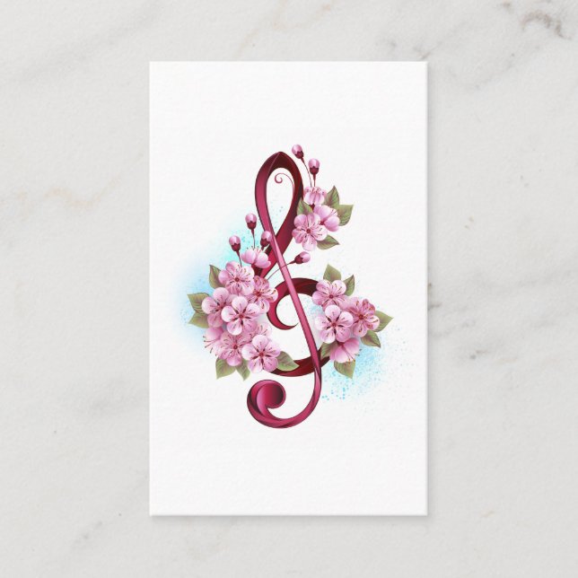 Musical treble clef notes with Sakura flowers Business Card (Front)
