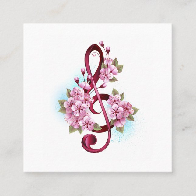 Musical treble clef notes with Sakura flowers Calling Card (Front)
