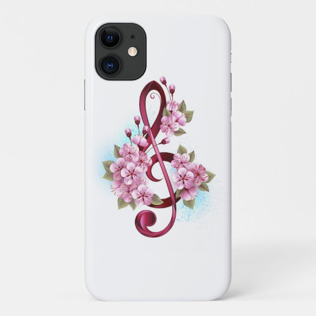 Musical treble clef notes with Sakura flowers Case-Mate iPhone Case (Back)