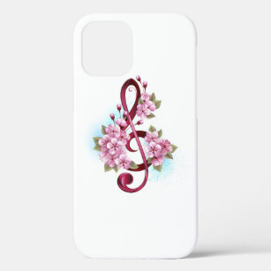 Musical treble clef notes with Sakura flowers iPhone 12 Case