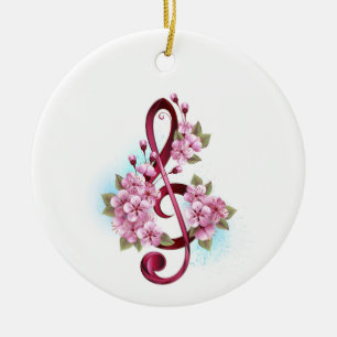 Musical treble clef notes with Sakura flowers Ceramic Tree Decoration