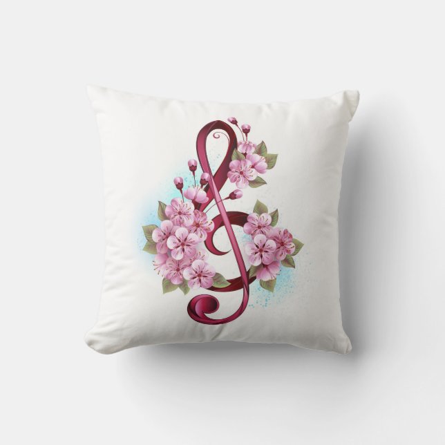 Musical treble clef notes with Sakura flowers Cushion (Front)